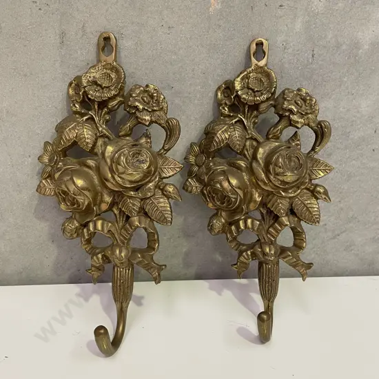 Pair of Ornate brass Wall Hung hooks