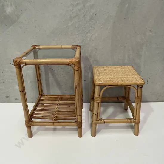 Cane Glass topped table H56cm and Cane Stool H40cm