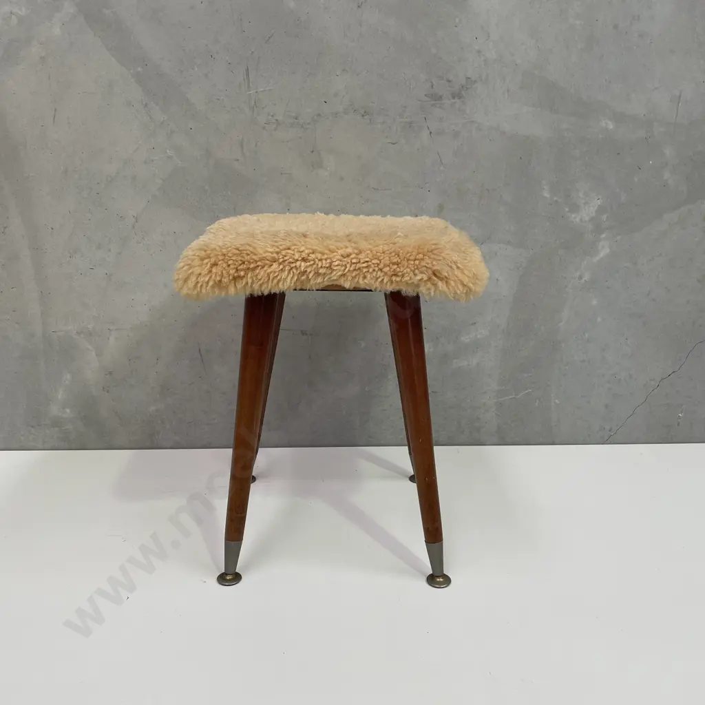 Vintage Retro Stool with Sheepskin Wool Seat Image 1++