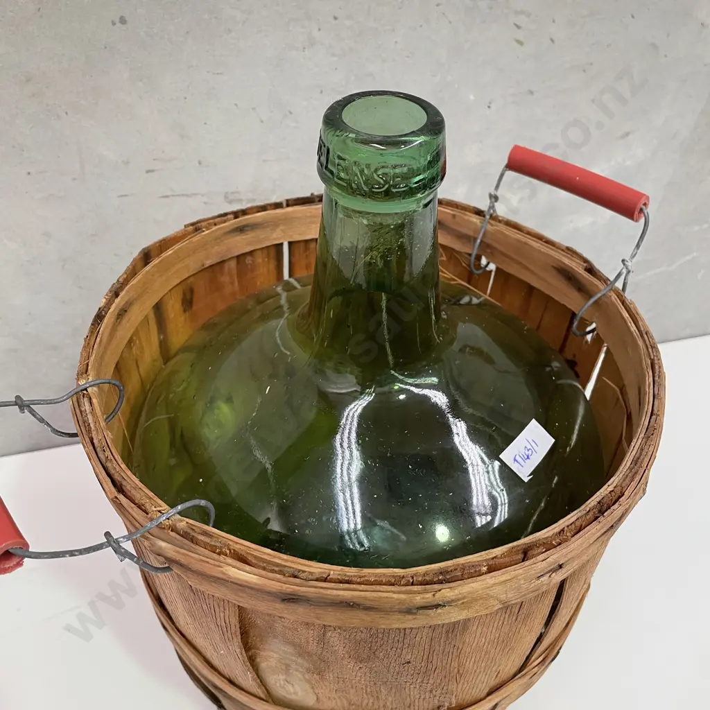 Vintage Demijohn Ayelense Green Bottle with wooden basket. H41 Dia27cm Image 1++
