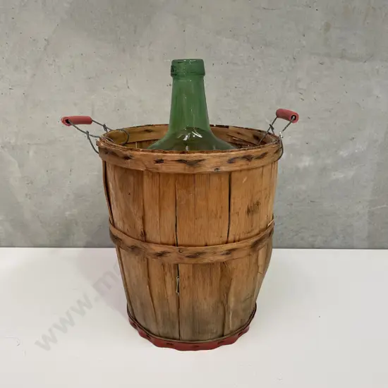 Vintage Demijohn Ayelense Green Bottle with wooden basket. H41 Dia27cm