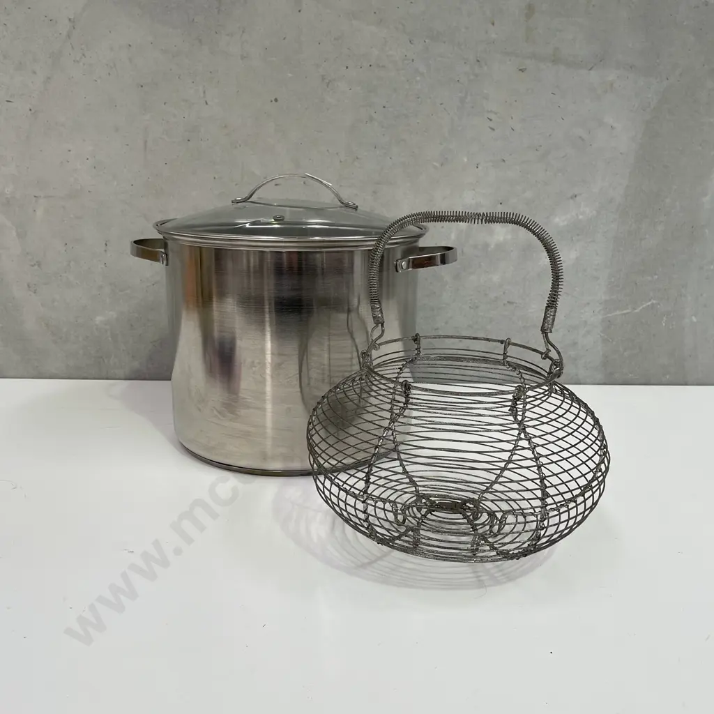 Extra Large Stainless Steel 2 handled lidded stock pot with egg basket Image 1++
