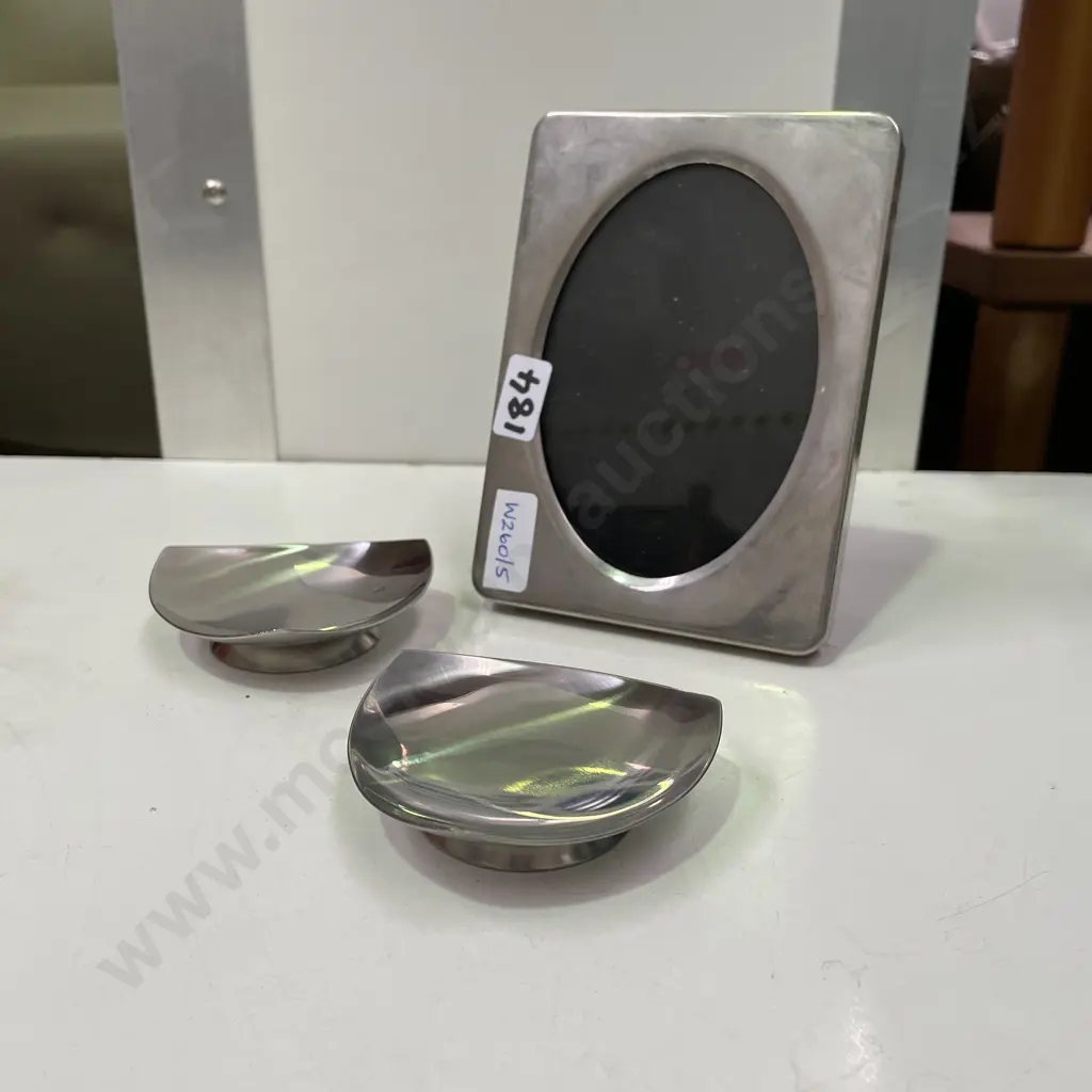 Unmarked Silver picture frame with pair mid century Stelton Danish dishes Image 1++