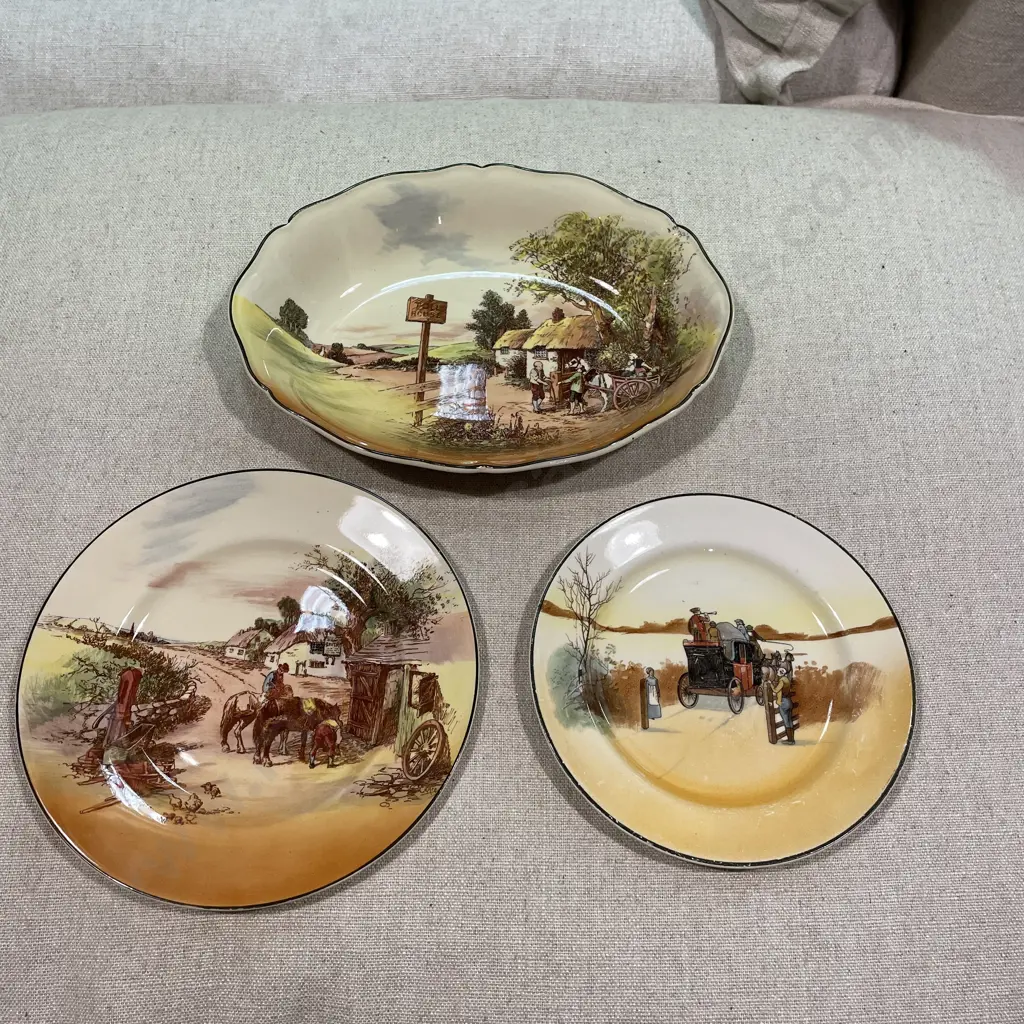 Royal Doulton Items x 3, Cottage Bowl and Plate with Coaching Plate Image 1++