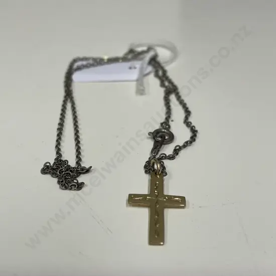 9ct Gold Cross, Stamped 375 with silver coloured chain