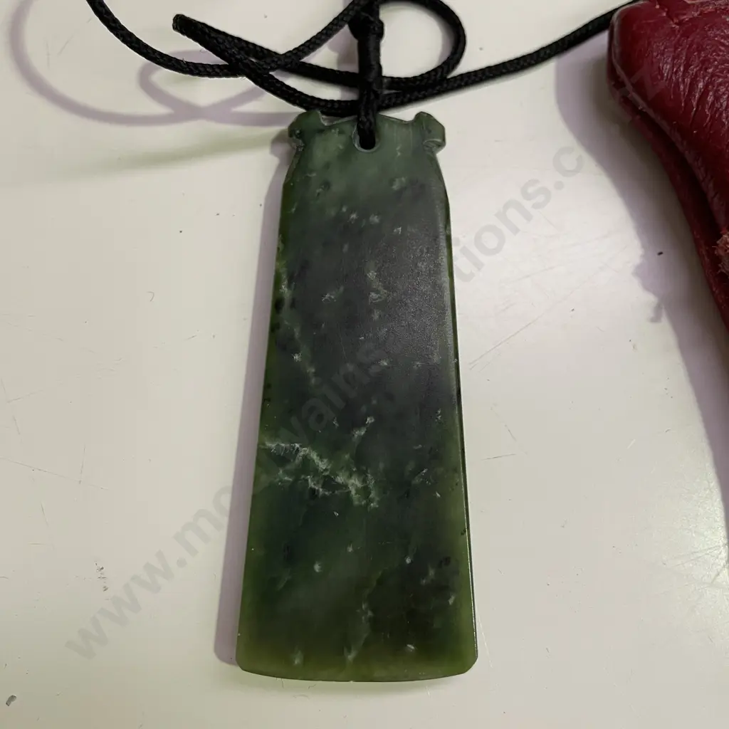 Greenstone Large Pendant on rope necklace. 8 x 3cm with red leather coin purse Image 1++