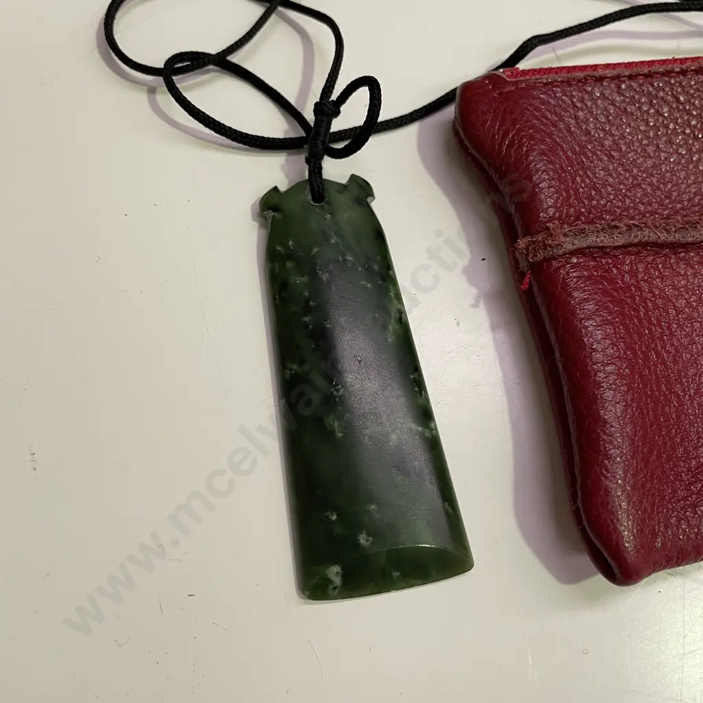 Greenstone Large Pendant on rope necklace. 8 x 3cm with red leather coin purse Image 1++