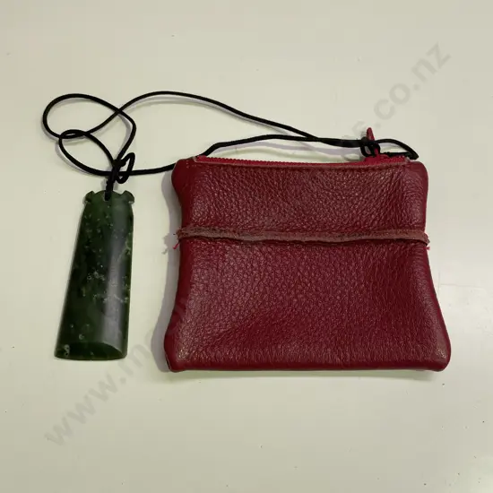 Greenstone Large Pendant on rope necklace. 8 x 3cm with red leather coin purse