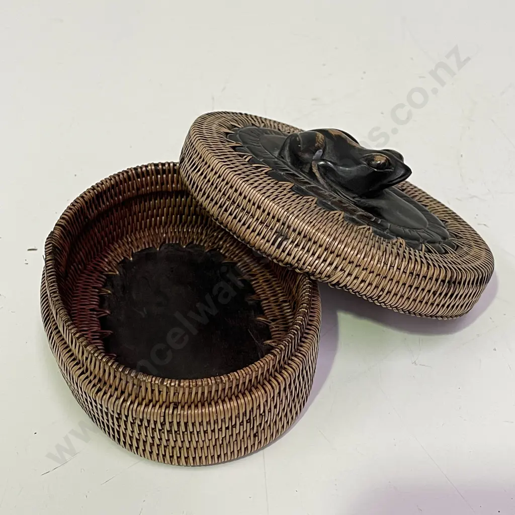 Intricately Woven Decorative box with carved Wooden Frog Finial Image 1++