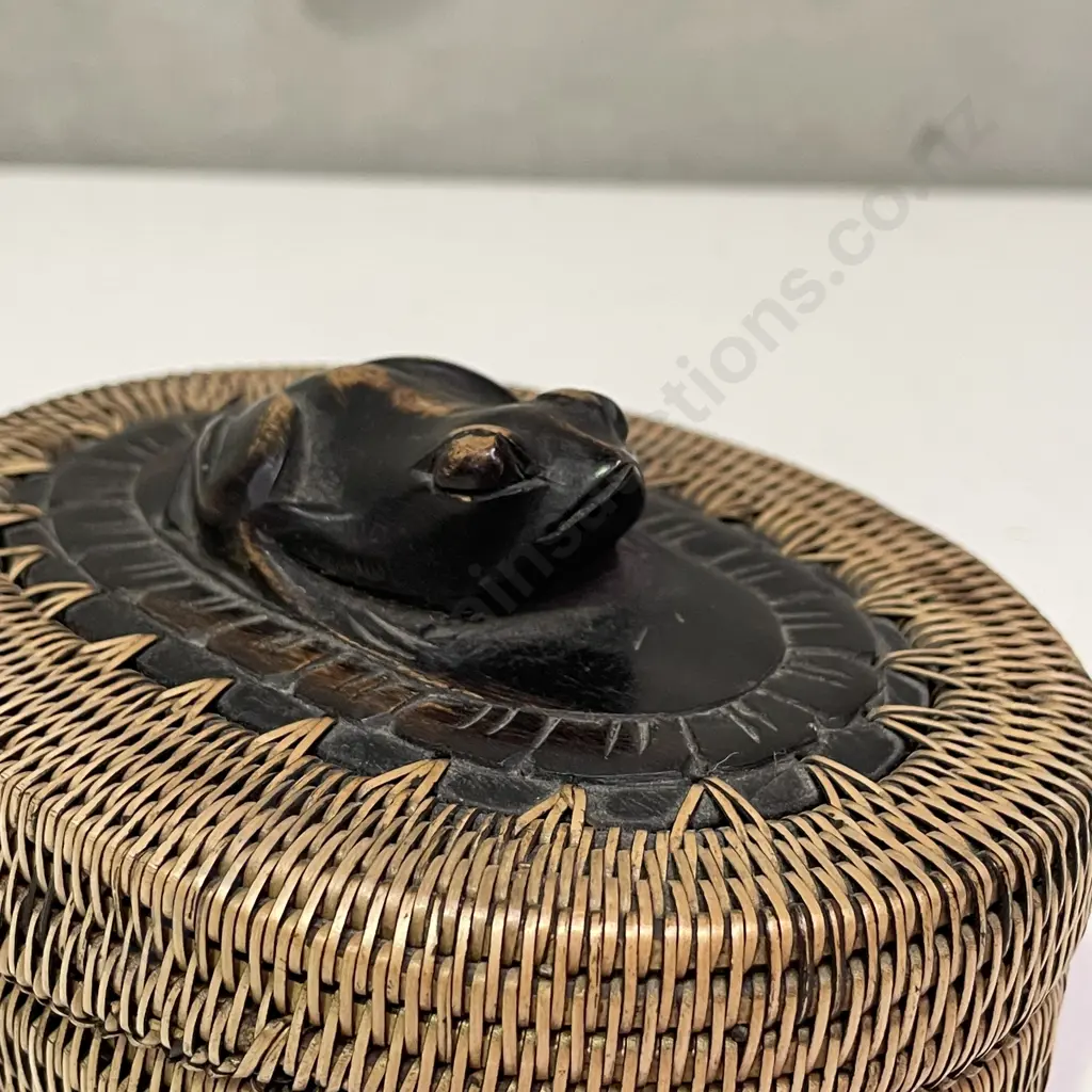Intricately Woven Decorative box with carved Wooden Frog Finial Image 1++