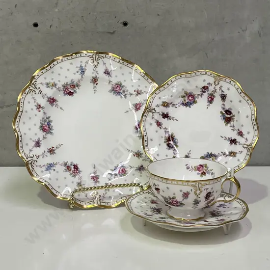 Royal Crown Derby Cake Plate and trio. Royal Antoinette pattern. Excellent condition