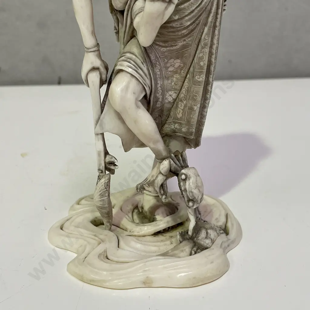Intricately Carved Fine Ivory Okimono. Rakkan attempting to pull a Kappa from the Sea. H18cm. Base claw is detached. Image 1++
