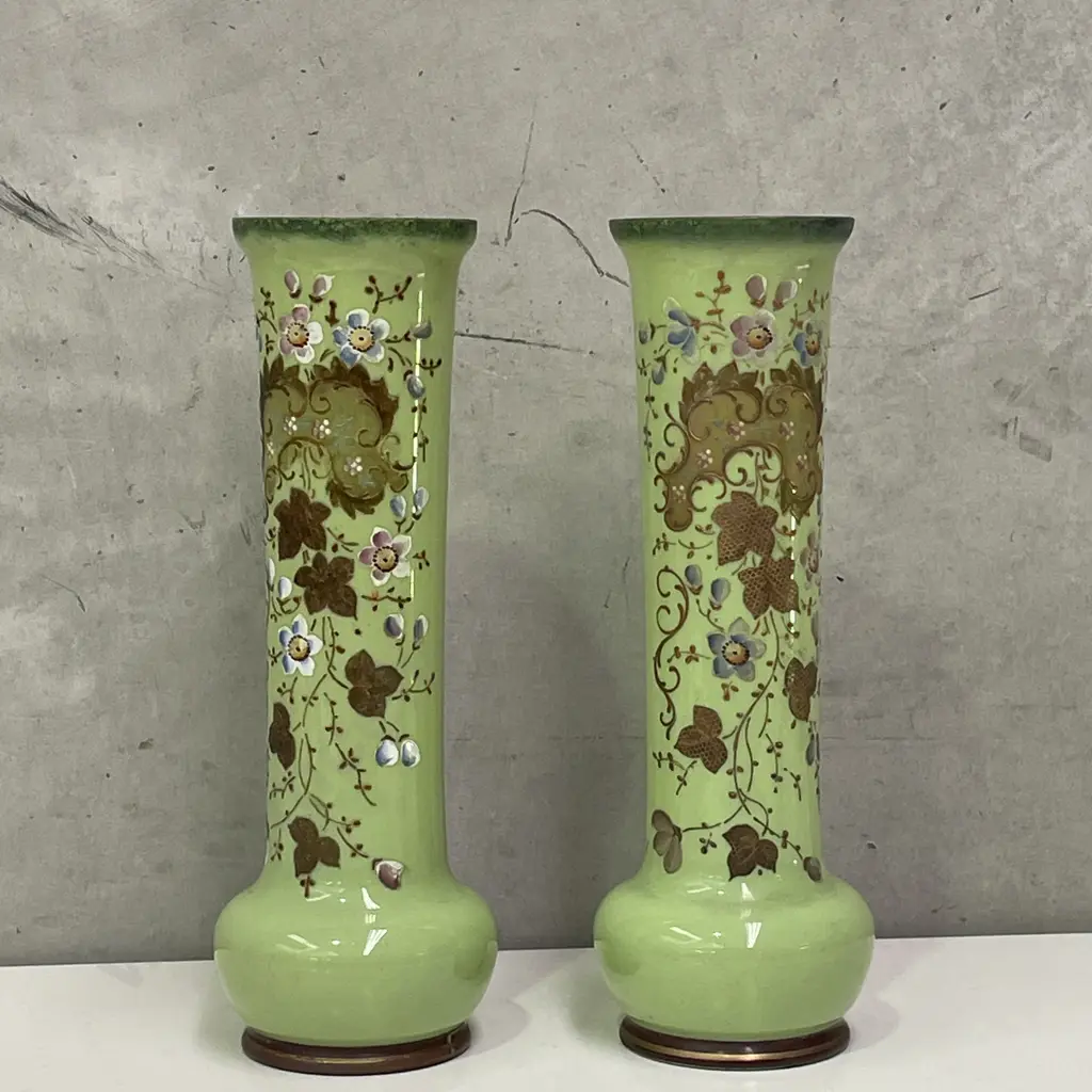 Stunning Pair of Victorian Glass Vases. Hand Painted and Gilded Decoration. H37cm Image 1++
