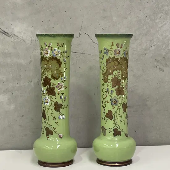 Stunning Pair of Victorian Glass Vases. Hand Painted and Gilded Decoration. H37cm