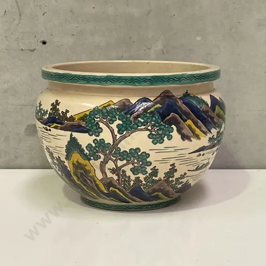 Large Pottery Jardinere/Plant Pot. Hand painted Asian landscape/river theme. H21 Dia30cm