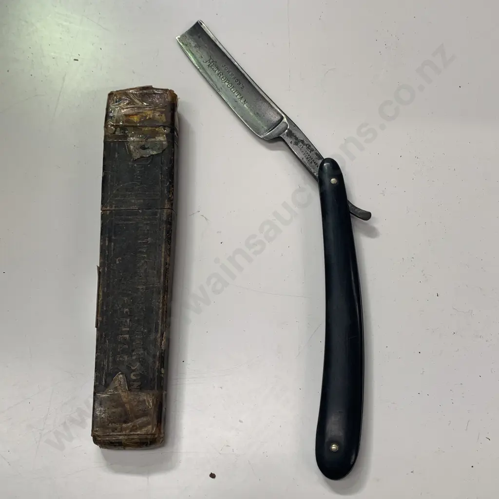 Vintage Christopher Johnson Sheffied Black Handled Shaving Straight Razor Blade with Leather Case Image 1++