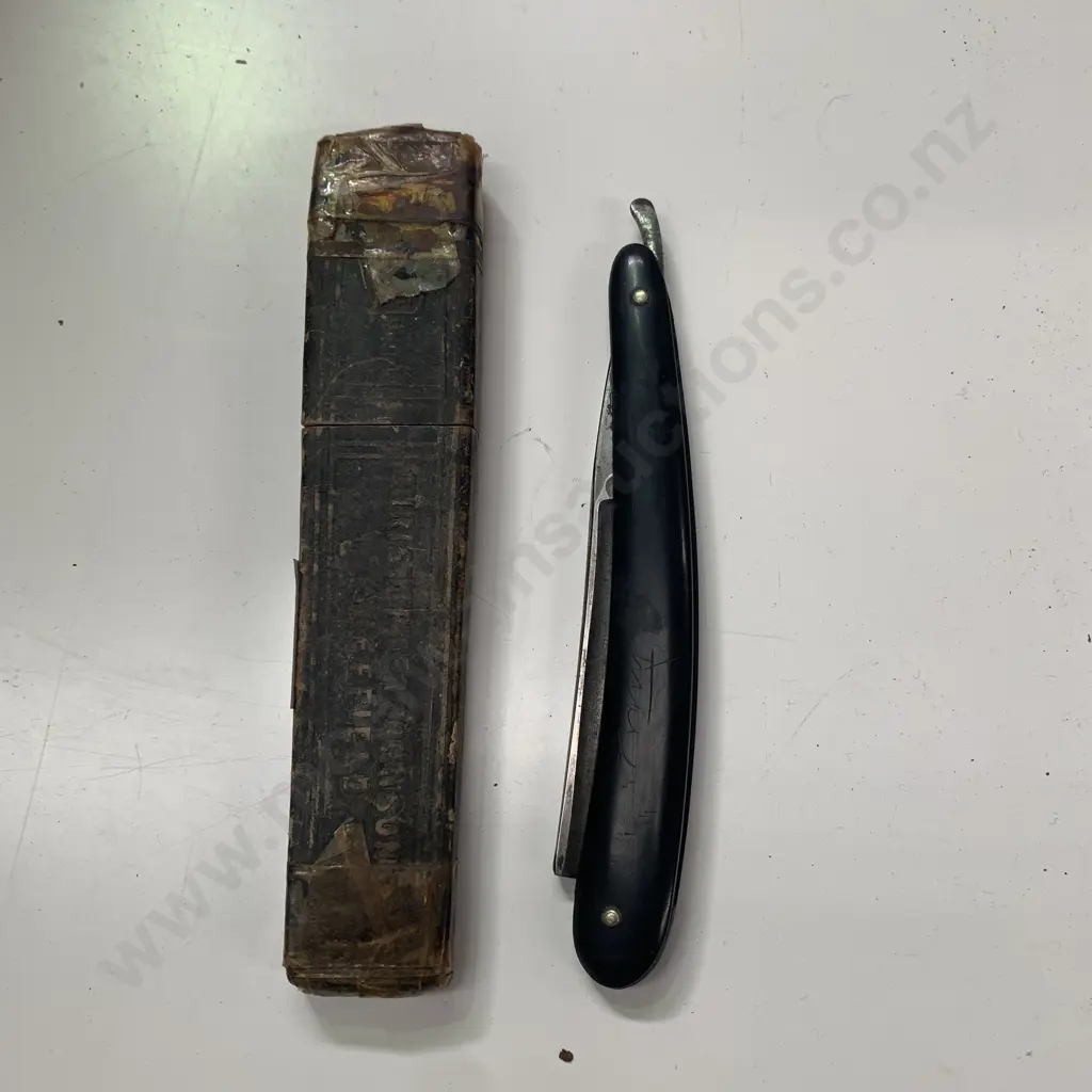 Vintage Christopher Johnson Sheffied Black Handled Shaving Straight Razor Blade with Leather Case Image 1++