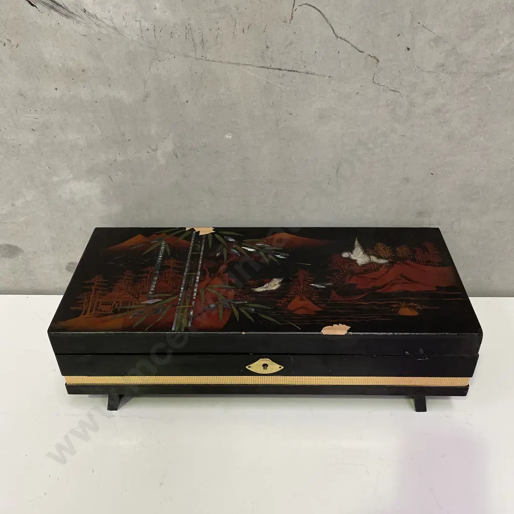 Vintage Wooden Musical Jewellery Box. Asian themed. some flaking of lacquer. 43 x 18cm H13cm Image 1++