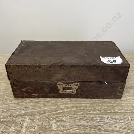 Vintage Wooden and leather Box with nail border. 18 x 9.5cm H7cm