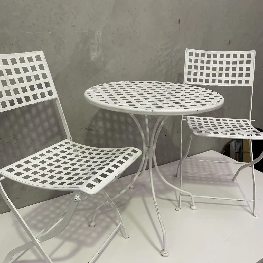 3 Piece Outdoor/Patio Table and 2 chairs. Square slat white painted heavy iron. Folding Chairs Image 1++