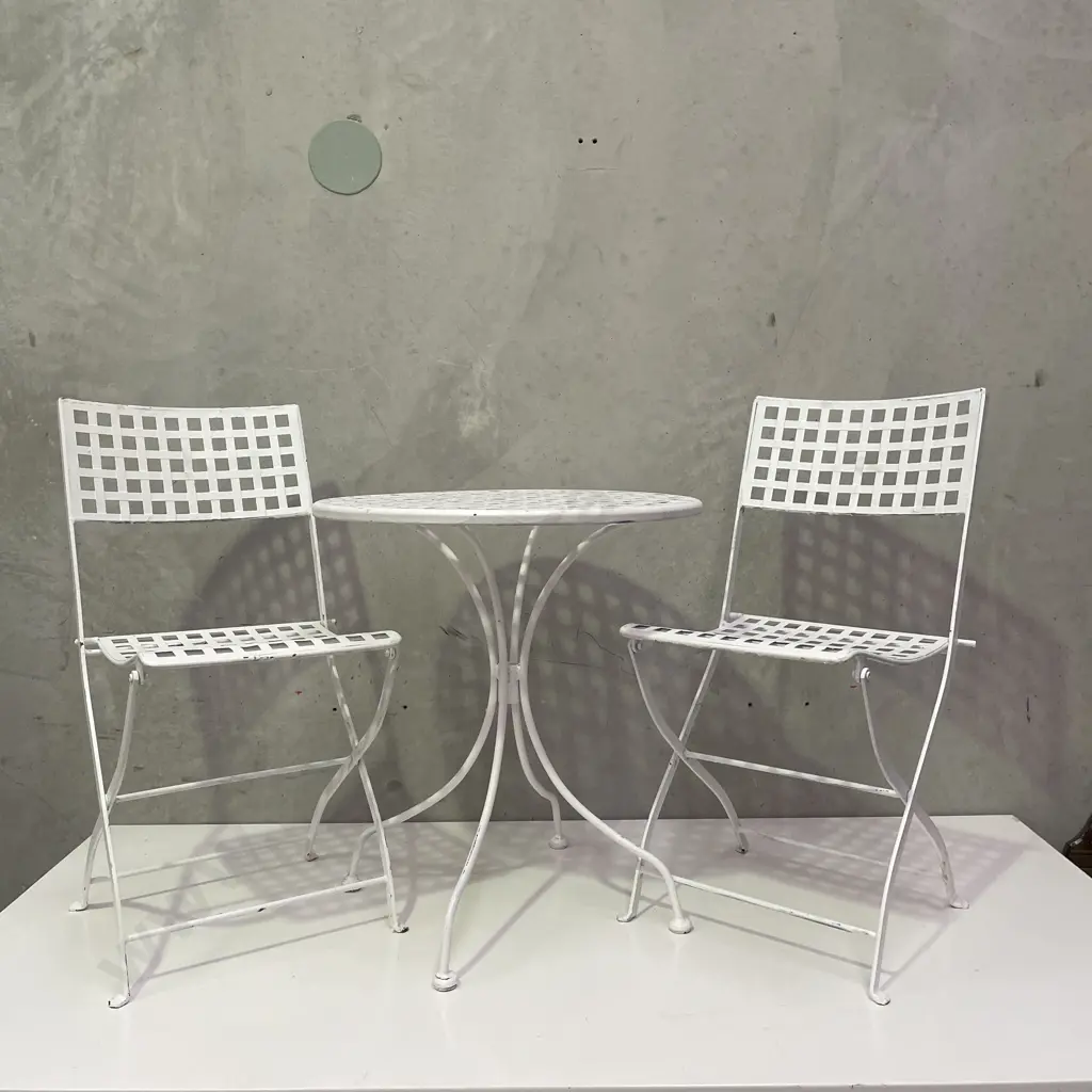3 Piece Outdoor/Patio Table and 2 chairs. Square slat white painted heavy iron. Folding Chairs Image 1++