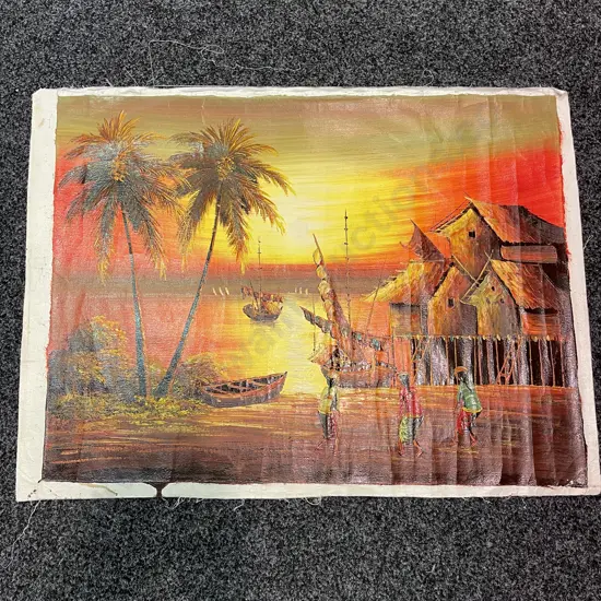 Large Original Oil on Canvas of Chinese Junk Boats "Jim Baran Bay". Signed as per back. 85 x 63