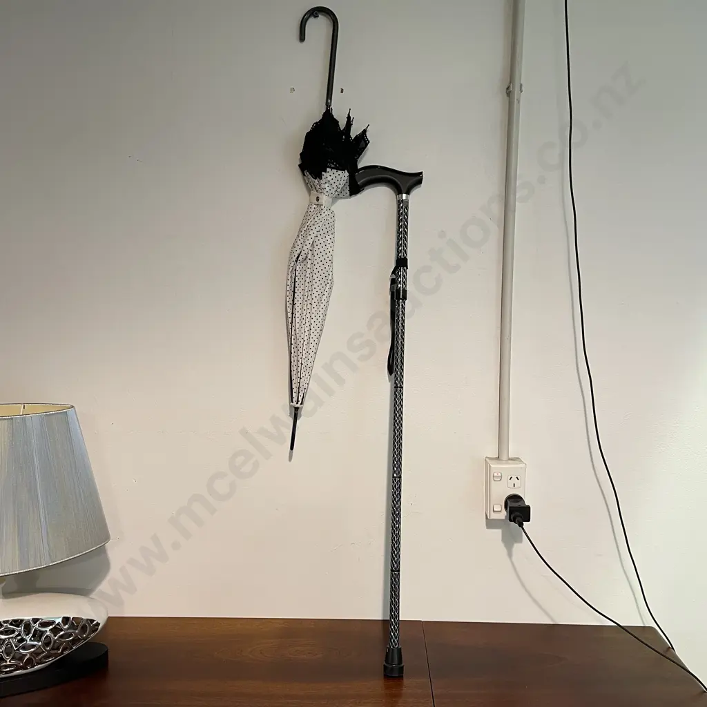 4 Piece black and silver walking stick with retro black and white umbrella Image 1++