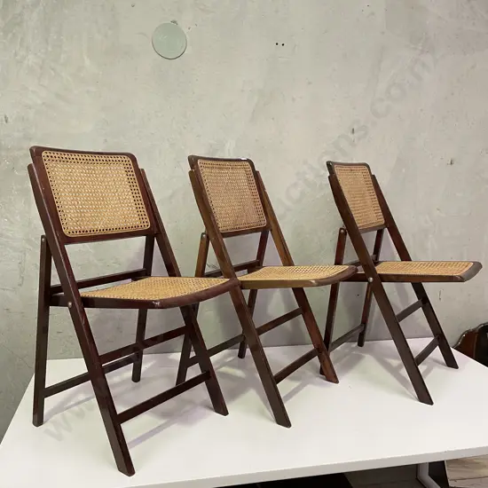 Trio of Vintage Mid Century Wooden Rattan Wicker Cane Folding Chairs