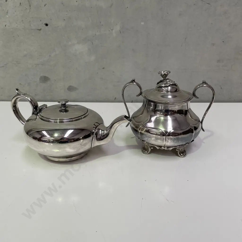 Vintage James Dixon and Son 2 handled lidded sugar bowl with Stamped Silver Plated teapot Image 1++