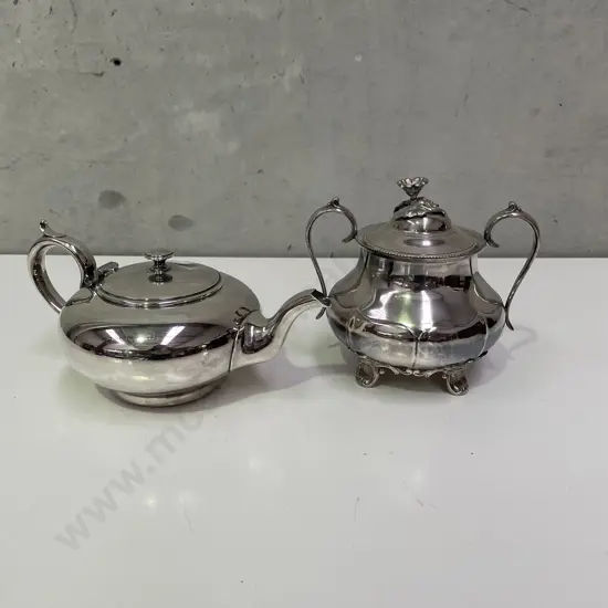 Vintage James Dixon and Son 2 handled lidded sugar bowl with Stamped Silver Plated teapot