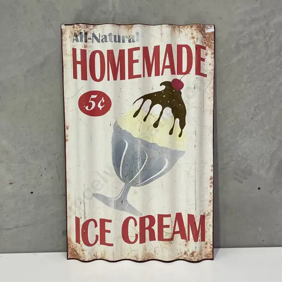Vintage Corrugated Iron "All Natural Homemade Icecream" Advertising Sign. 82 x 52