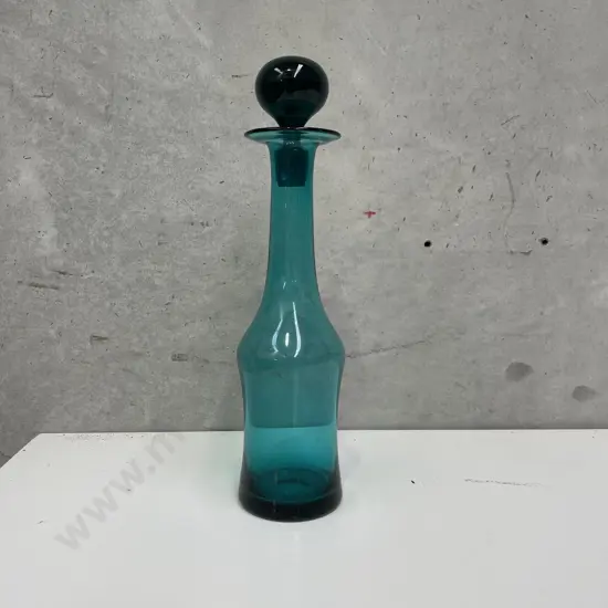 Stunning Mid Century Glass Decanter. Made in Poland. H39cm. Teal Blue glass, ball top.