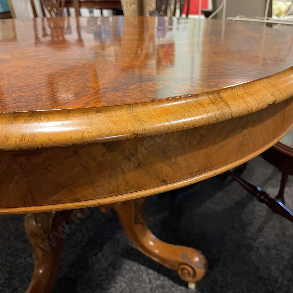 Stunning Antique Victorian Burr Walnut Oval Loo Table. Carved Central Pedestal and four feet.  Image 1++