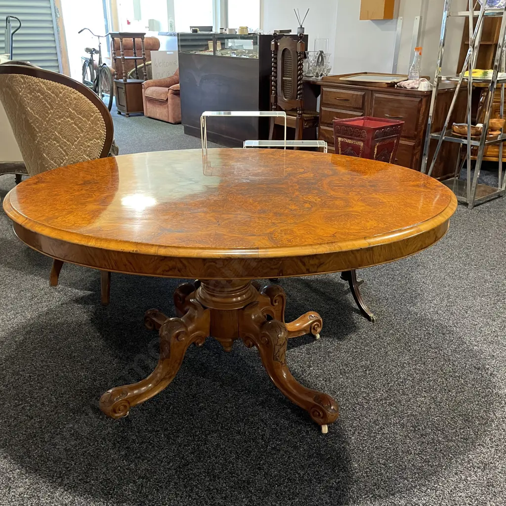 Stunning Antique Victorian Burr Walnut Oval Loo Table. Carved Central Pedestal and four feet.  Image 1++