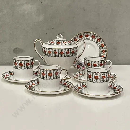 Vintage Aynsley Handpainted and enamelled coffee cup and saucer x 4 with lidded sugar bowl and extra saucer