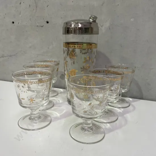 Vintage Retro Cocktail Set. Shaker with 6 stemed glasses. Relief gilded decoration