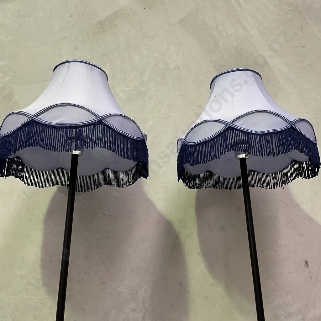 Pair of Stunning Standard Floor Lamps. Cast Iron base with Lilac fabric, tassled shades. Working. H165 Image 1++