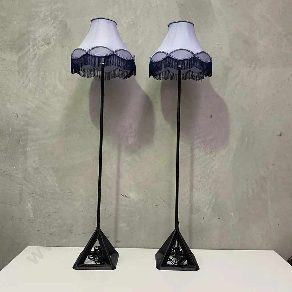 Pair of Stunning Standard Floor Lamps. Cast Iron base with Lilac fabric, tassled shades. Working. H165 Image 1++