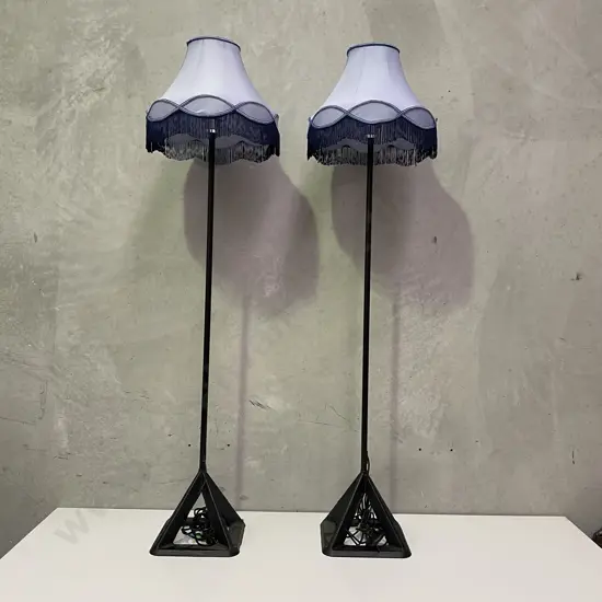 Pair of Stunning Standard Floor Lamps. Cast Iron base with Lilac fabric, tassled shades. Working. H165
