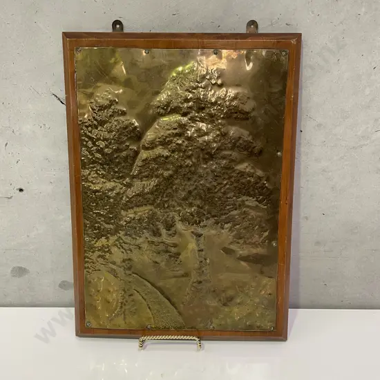 Vintage Beaten Brass Moulded Tree Plaque on wooden panel. 49 x 36