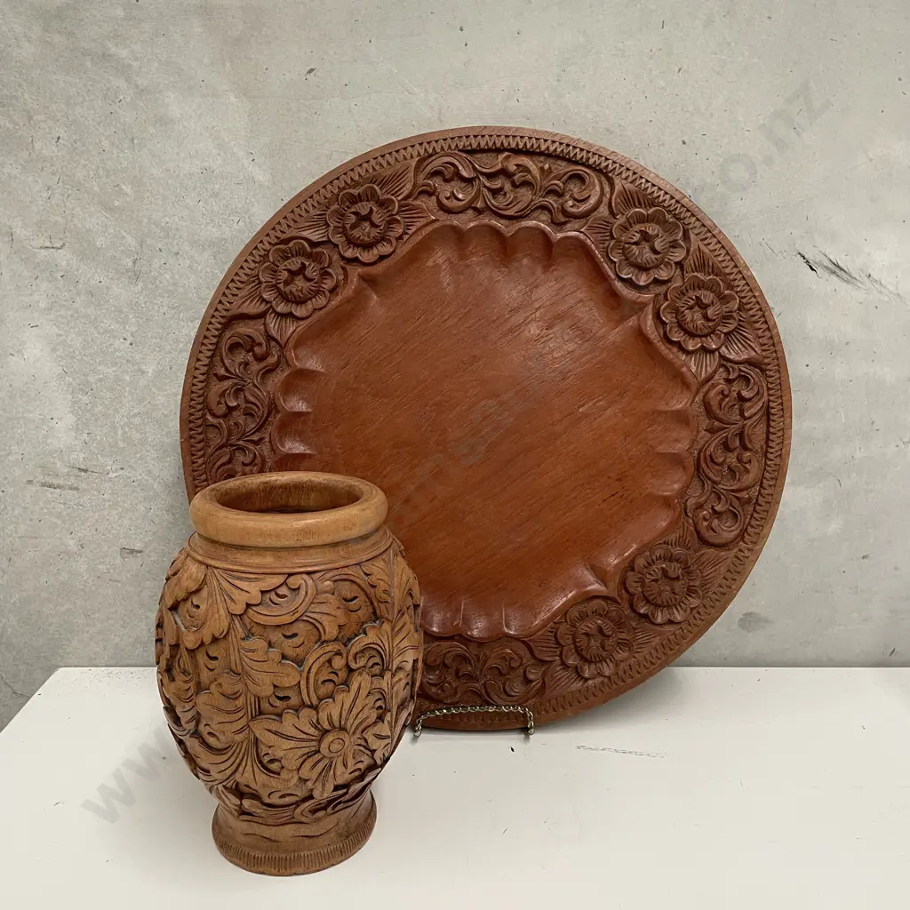 Large Carved Teak Platter/Tray Dia50cm with Vase H25cm Image 1++