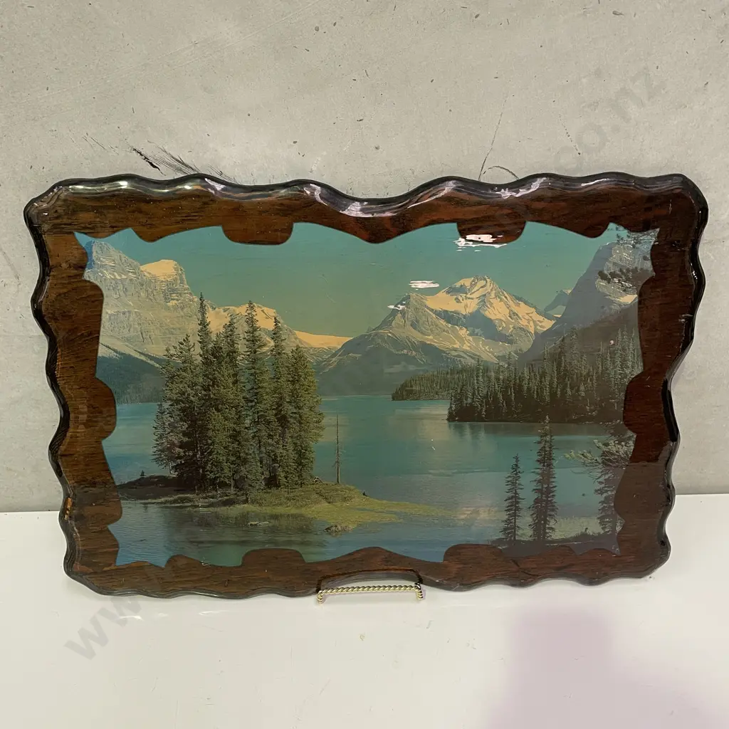 Vintage Retro Mountain Lake Scene Coloured Photo on Wooden Board. 56 x 39 Image 1++