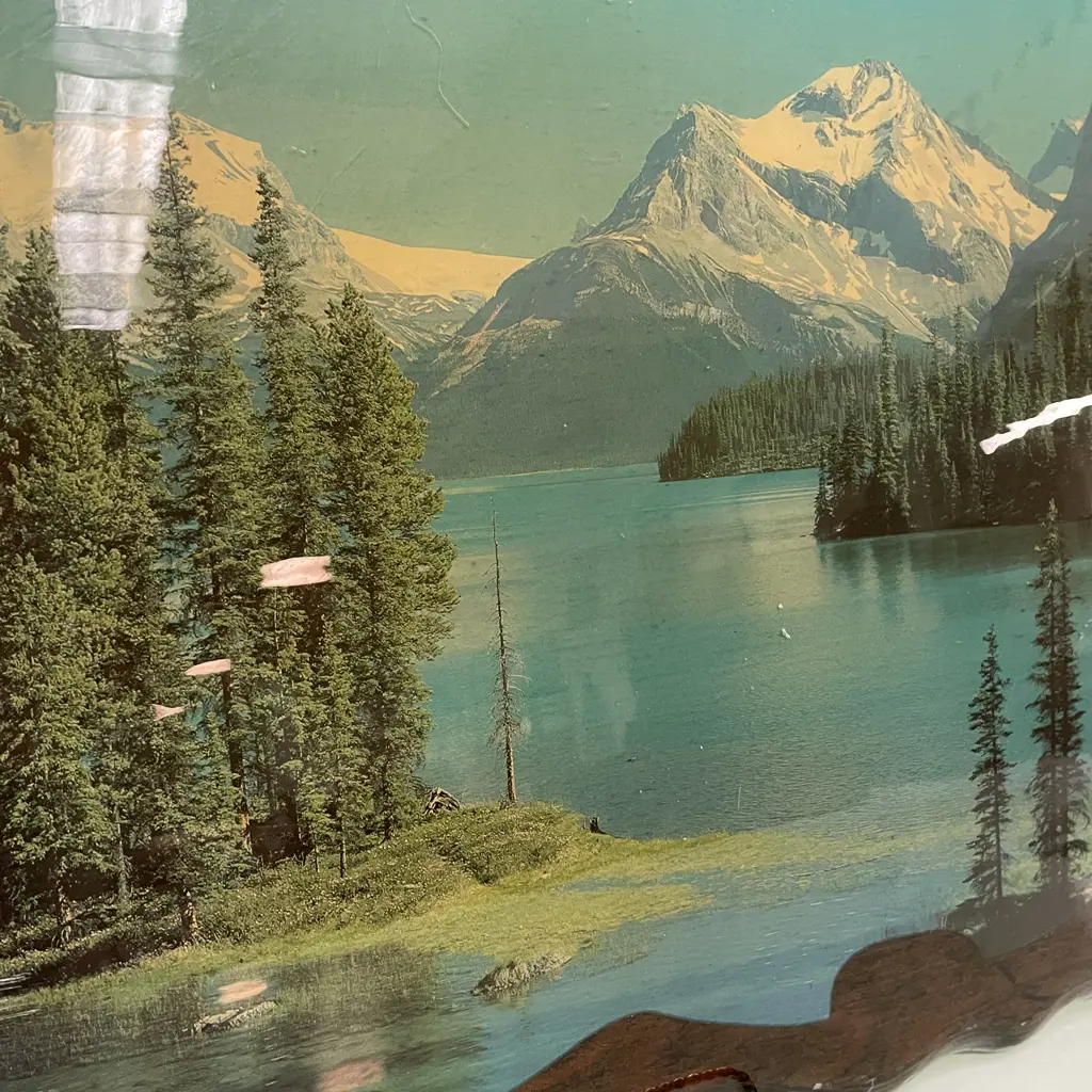 Vintage Retro Mountain Lake Scene Coloured Photo on Wooden Board. 56 x 39 Image 1++