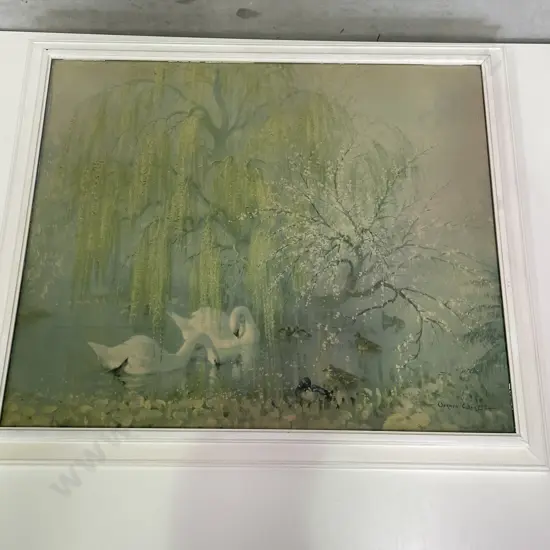 Vintage Vernon Ward Swan Scene Artwork. White painted wood frame. 67 x 58cm