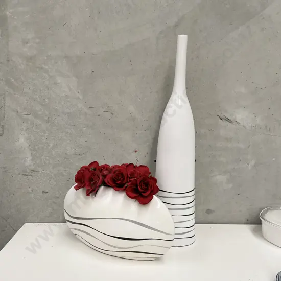 Two large Decorative Ceramic Vases with black/grey lines and faux roses. H63 and 21cm