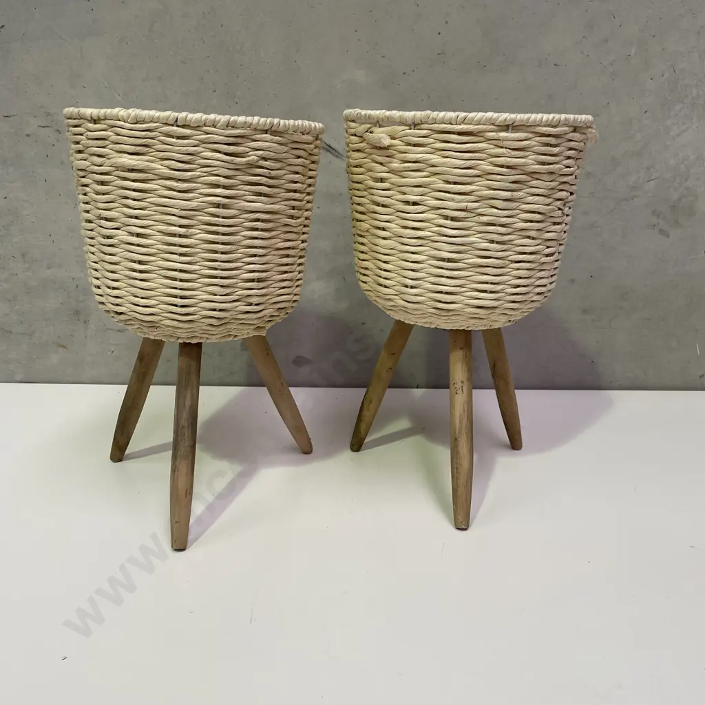 Pair Retro Syle tri-footed plant stands. Wooden legs with Basket weave top. H43cm Image 1++