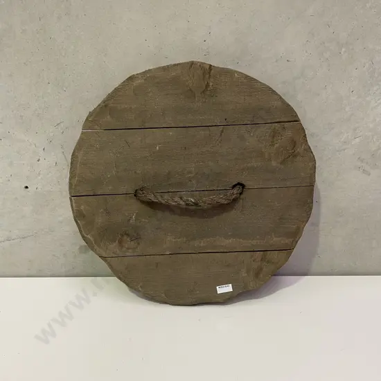 Large Vintage Solid Wood Barrell Lid with Rope handle. Dia50cm