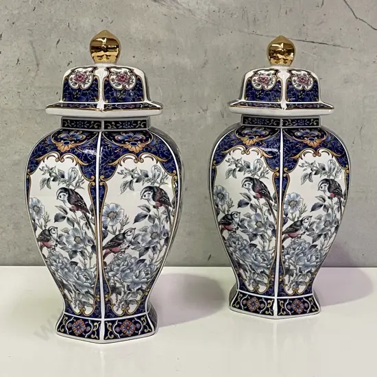 Pair Chinese Hexagonal Lidded Ginger Jars. Cobalt blue and gilded decoration with birds. H32cm