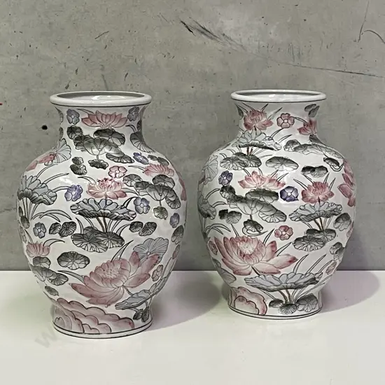 Pair of Large Chinese Lotus Water Lily Vases. Bulbous shape, incised decoration. H30cm