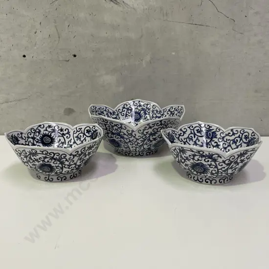 3 Chinese Blue and White Lotus Bowls. 1 x H11cm Dia25cm and 2 x H9cm and D20cm